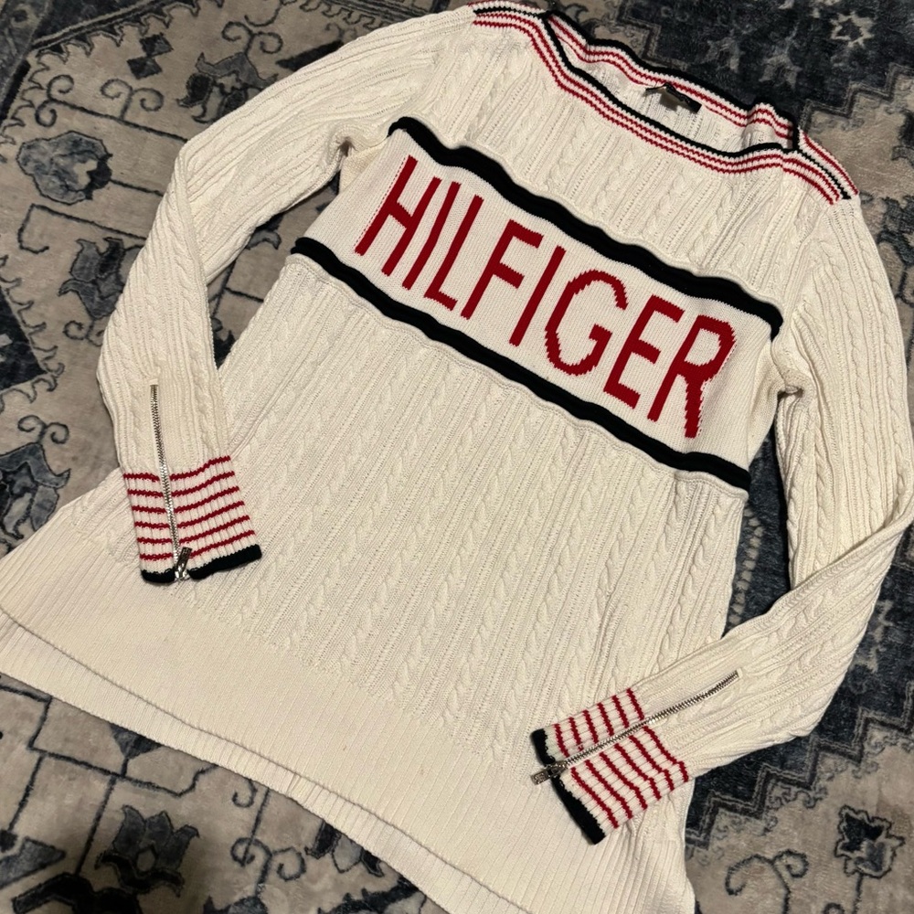 Tommy Hilfiger White Cable Knit Sweater with Red and Black Accents